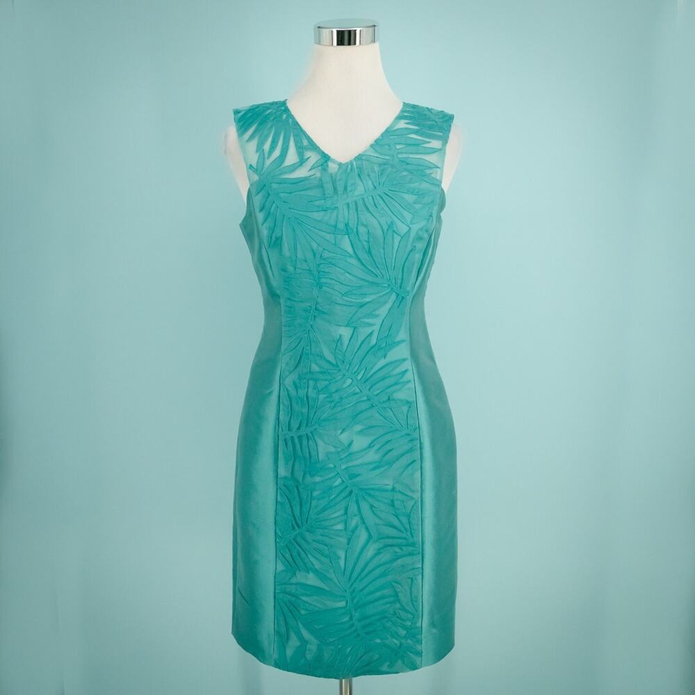 Lafayette 148 New York Size 4 Teal Leaf Floral Embroidered Silk Sheath Dress